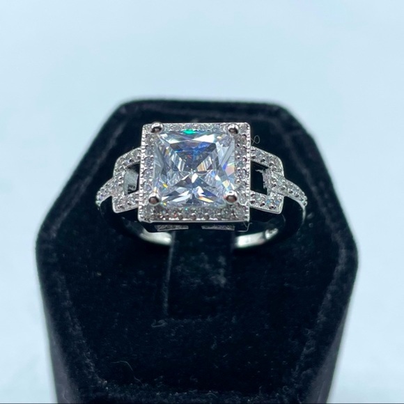 Beautiful Silver Plated Square Cut White Diamond CZ Halo Ring